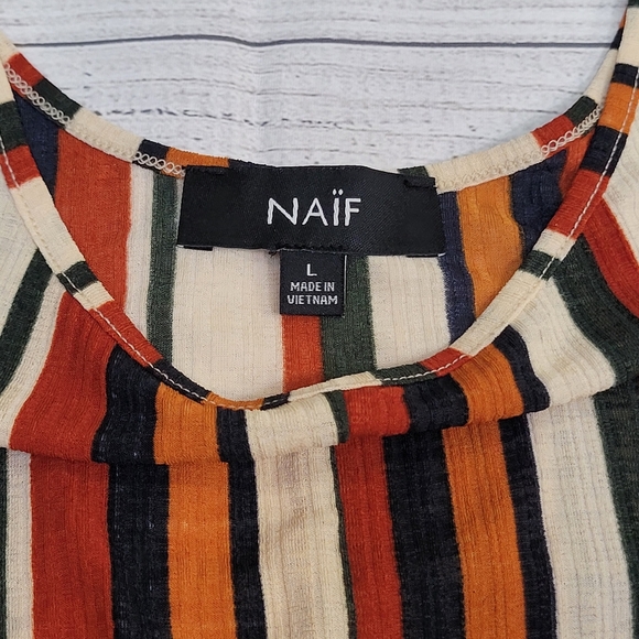 Naif Womens sz L Top Red Tan Striped Sleeveless Criss Cross Front Open Back - Picture 9 of 10